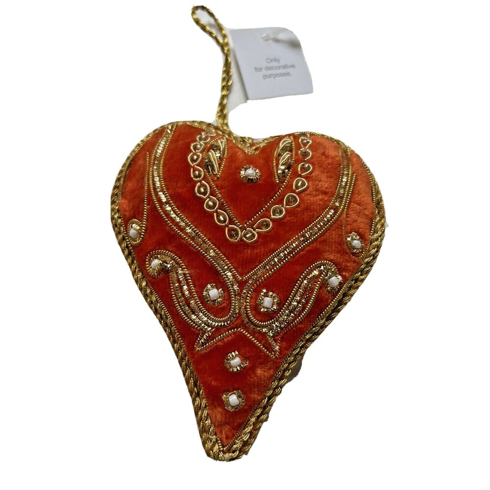 Heart Christmas Ornament Holiday Embellished Rhinestone Velvet Orange Gold NWT